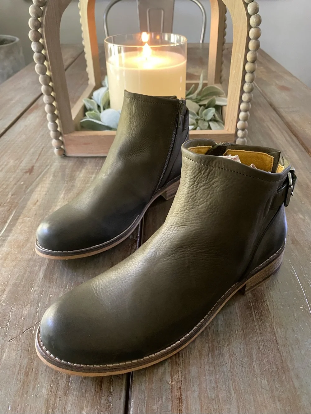 Jafa 207 Leather Ankle Boots Side Zip Buckle EU 38 US 7.5 - 8 Cactus OliveGreen